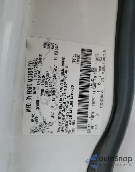 2006 Mercury Mountaineer Luxury z USA, uszkodzony, nr VIN 4M2EU47E86UJ19980